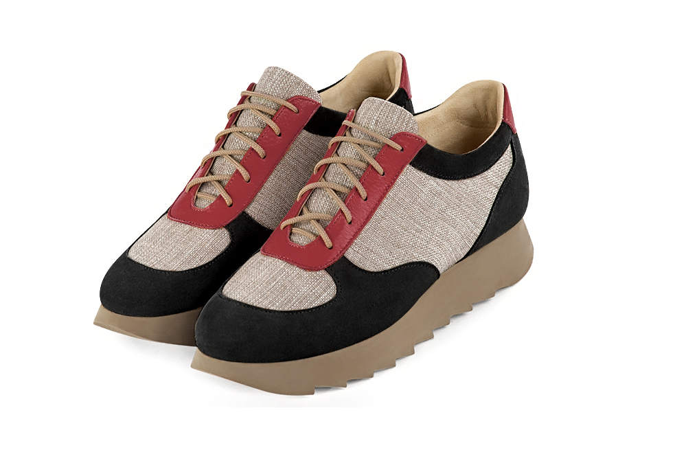 Matt black, natural beige and cardinal red women's three-tone elegant sneakers. Round toe. Low rubber soles. Front view - Florence KOOIJMAN